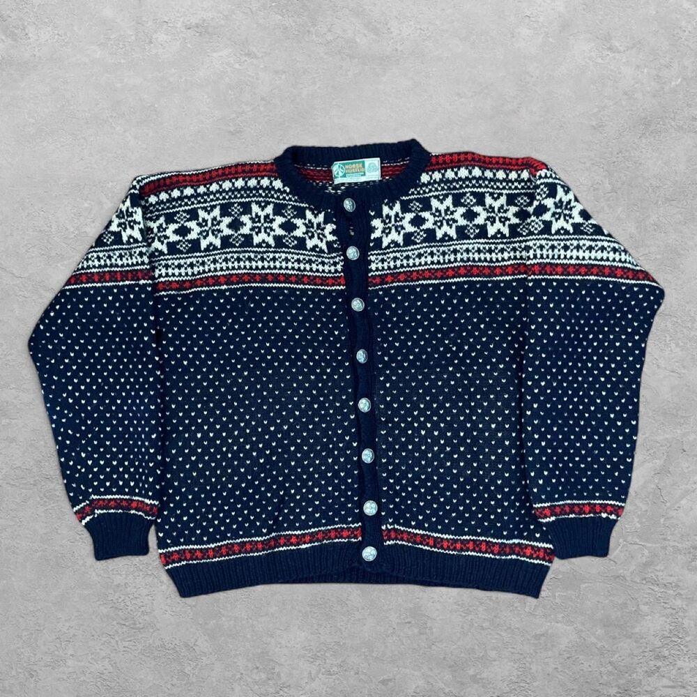 Vintage Norsk Husflid Norwegian Wool Sweater S/M Navy 100% Virgin Wool Cardigan